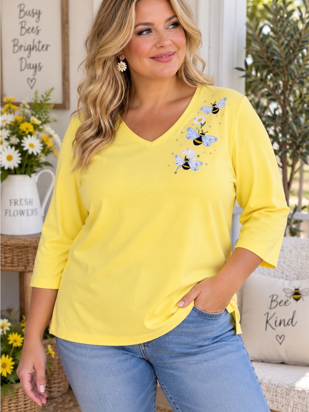Quacker Factory Yellow V-Neck Bee Embroidered Long Sleeve Top